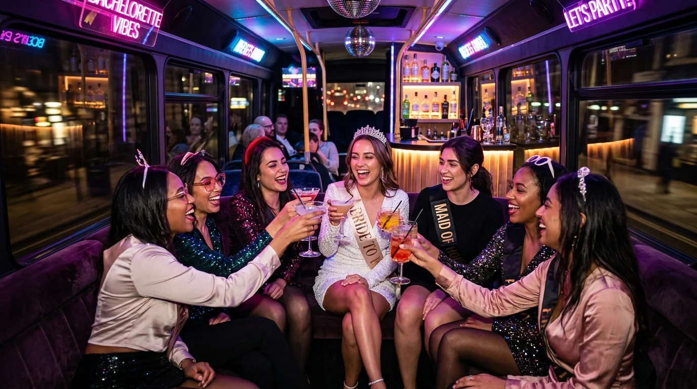 Gruppo di amiche che festeggiano un addio al nubilato con cocktail e divertimento a bordo