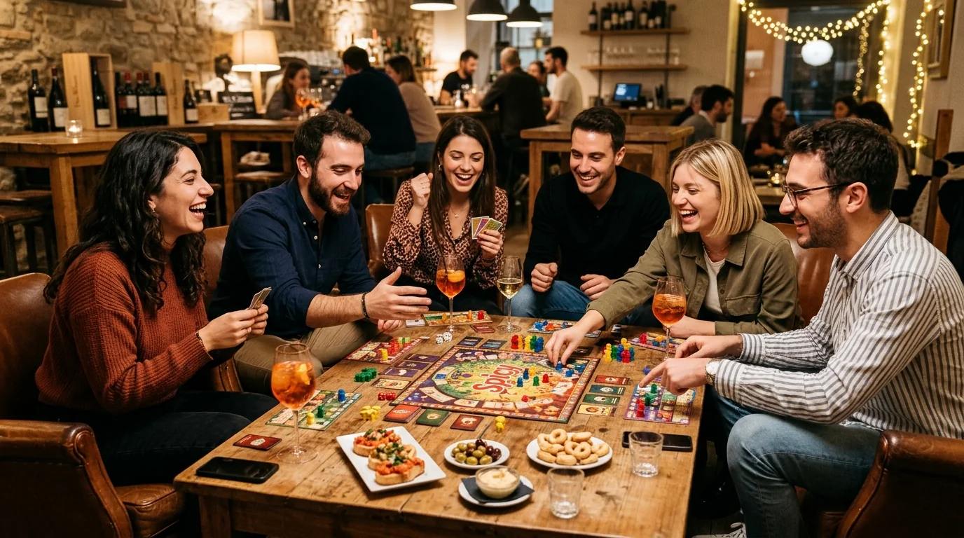 Compagnia di amici sorridenti attorno a un tavolo da gioco con aperitivo italiano