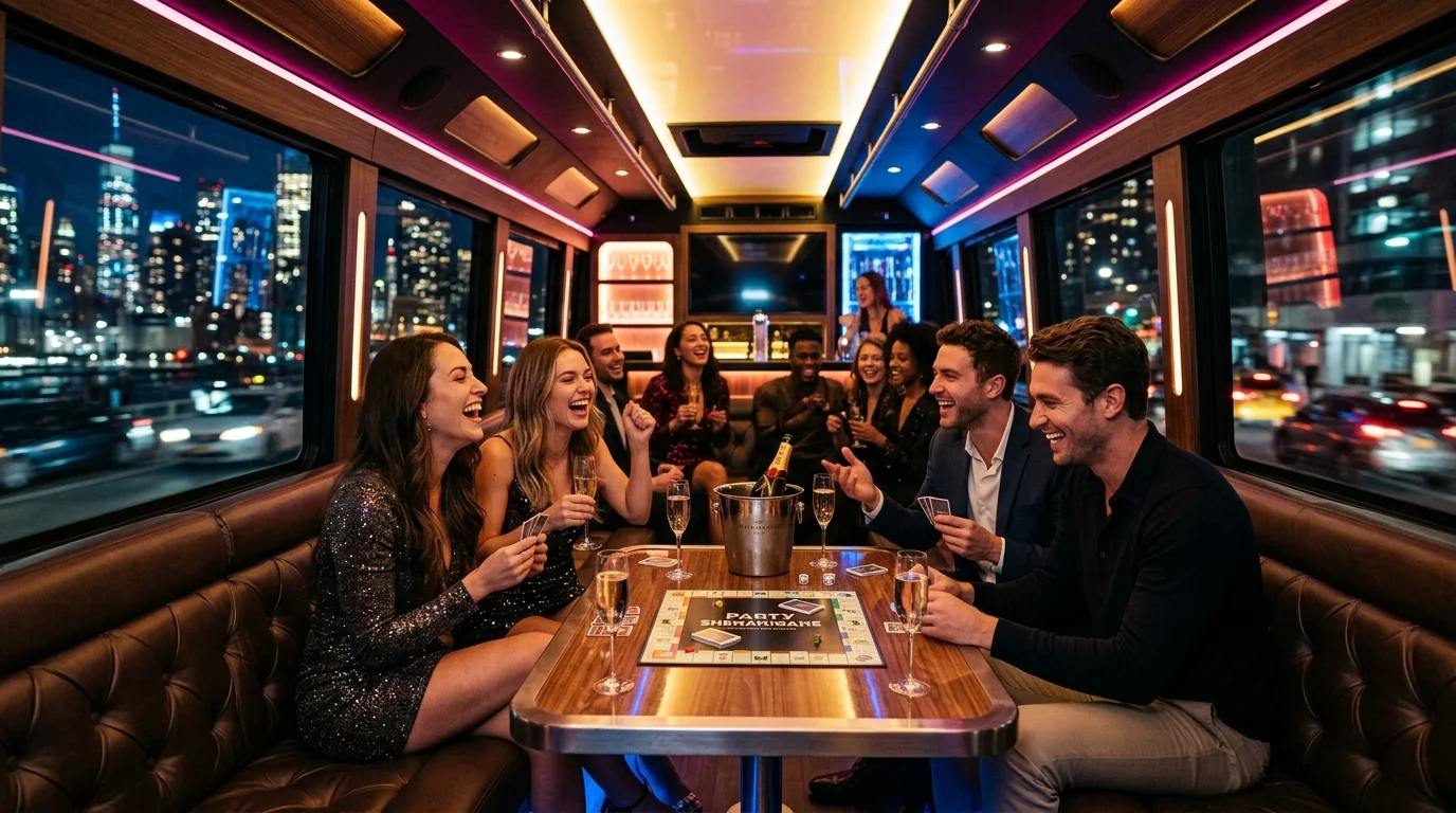 Amici che giocano a un gioco da tavolo a bordo di un esclusivo party bus illuminato