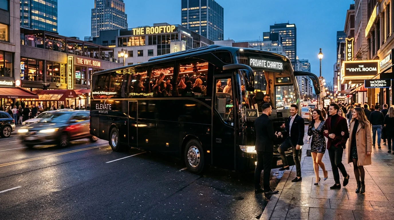 Elegante party bus nero parcheggiato di sera lungo una via illuminata di una grande città