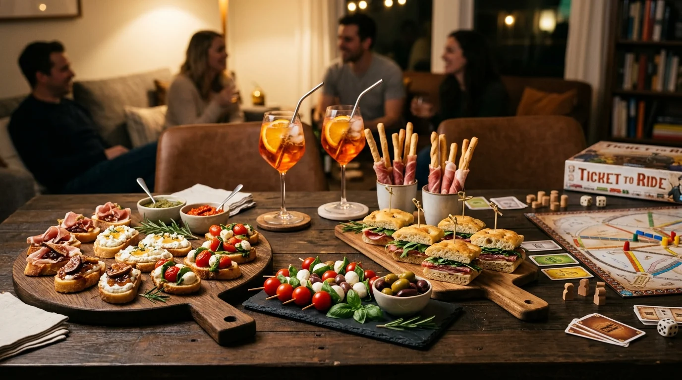 Buffet con finger food italiano, bruschette, spritz e dettagli di un gioco da tavolo