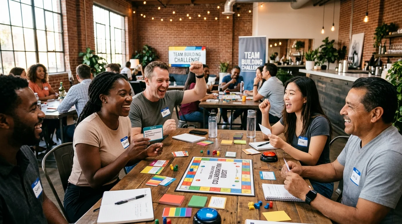 Colleghi di lavoro impegnati in un quiz collaborativo e gioco di squadra in una location moderna